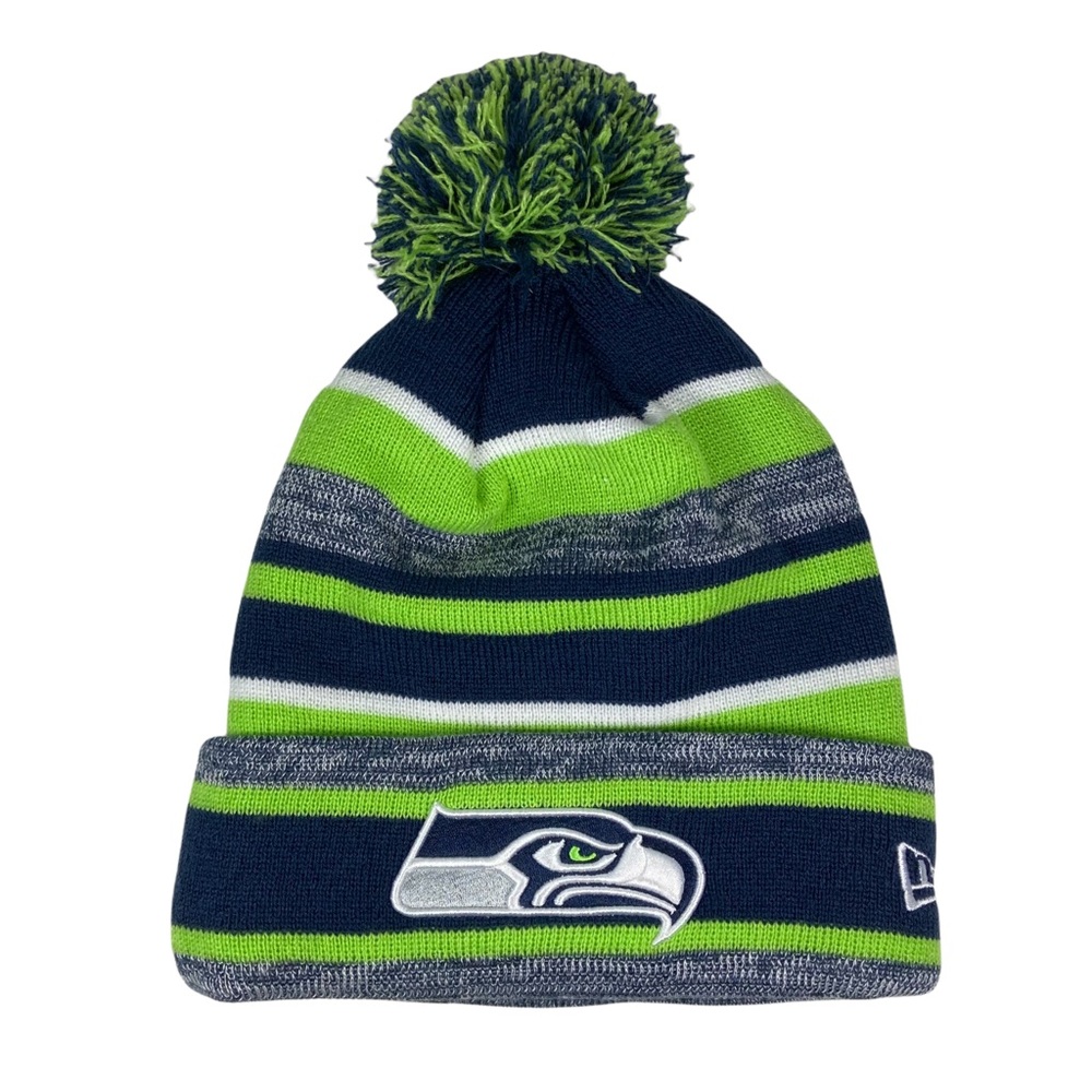 NFL New Era Seattle Seahawks Pom Knit Beanie Cap Green Blue OS Embroided Patch